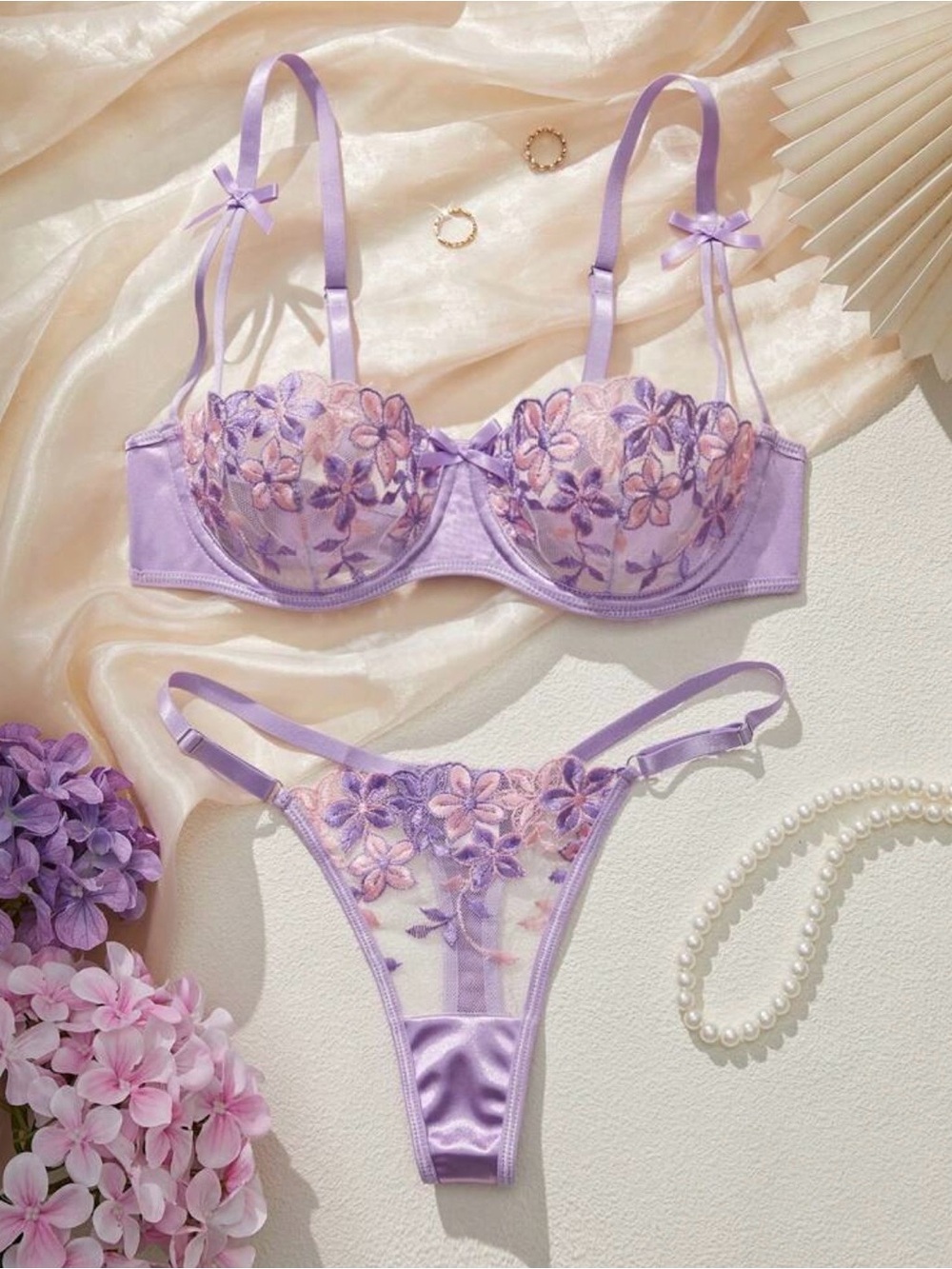 SHEIN Purple Floral Embroidered Lingerie Set